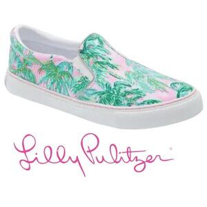 Lilly Pulitzer Julie Canvas Slide Sneaker Pink Blossom Suite Views Palm Tree 9.5